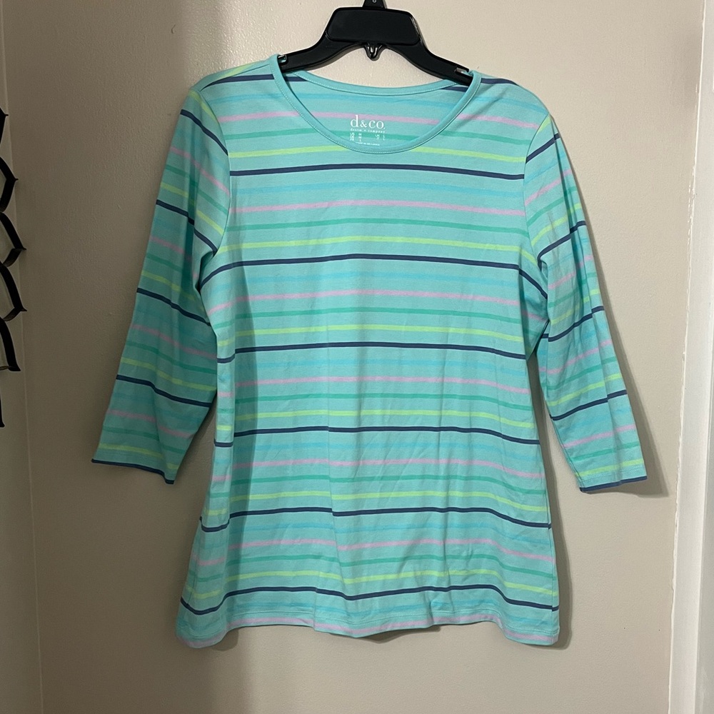 Denim & Co. | Striped Colorful Pastel Top, 3/4 Length Sleeve